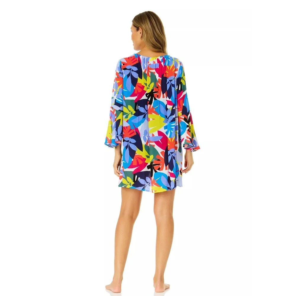 NWT Anne Cole Swim Cover-Up Dress Women Multicolor Tropical Bell Sleeve XS/S $84